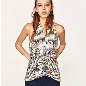 ZARA Striped Floral Tie-Waist Halter Top L
